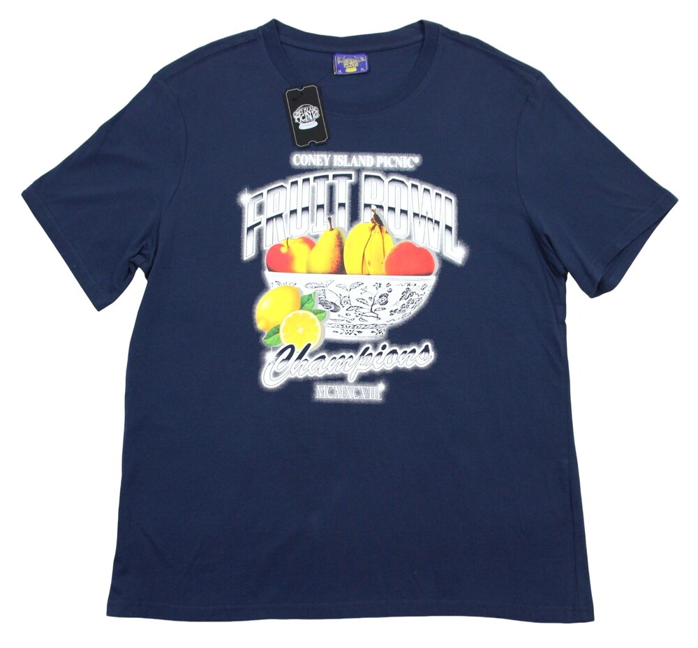 Coney Island Picnic Fruit Bowl Graphic T-Shirt Mens XL Navy Cotton Crew Neck NWT
